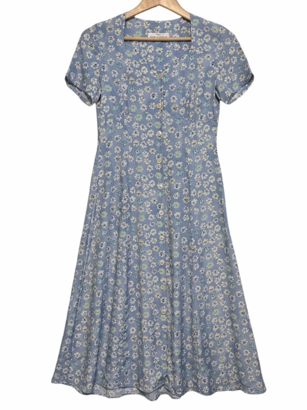 Vintage 80’s Marks & Spencer Button Front Floral Midi Dress In Pale Blue Mix | 6 - Picture 3 of 14